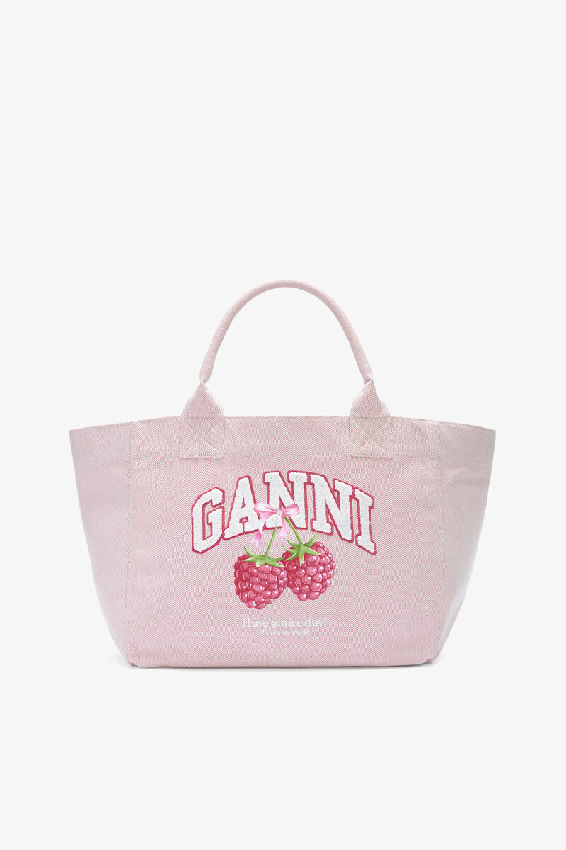Medium Tote Bag in Pink, Recycled Polyester, in colour Egret - 1 - GANNI
