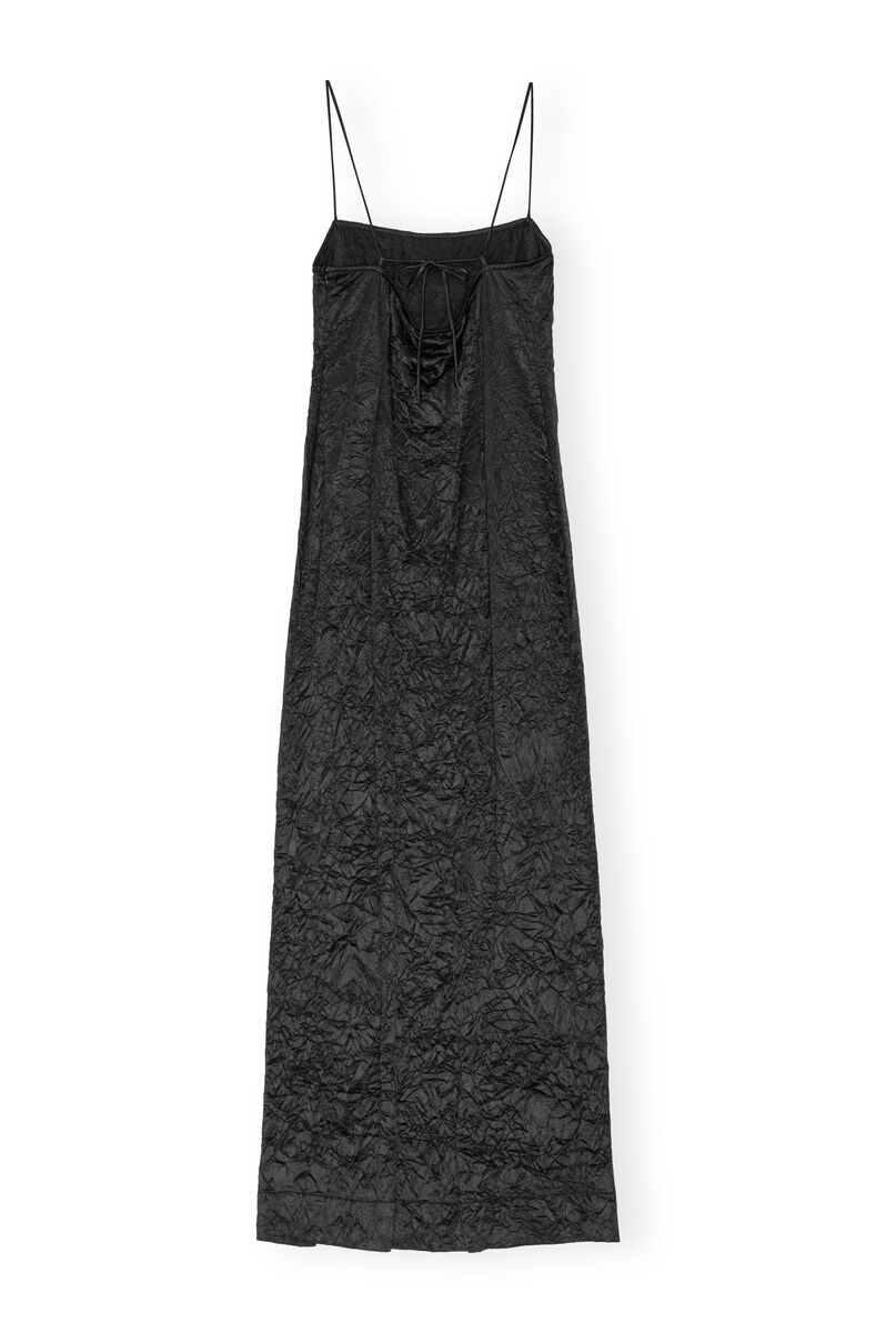 Black Crinkled Satin Midi Slip Dress, Elastane, in colour Black - 2 - GANNI