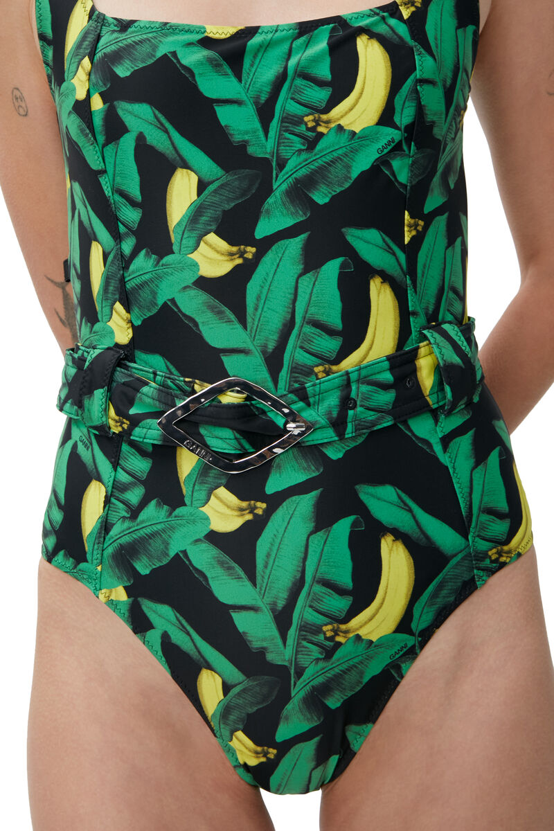 Belted One-Piece Swimsuit, Elastane, in colour Banana Tree Black - 3 - GANNI
