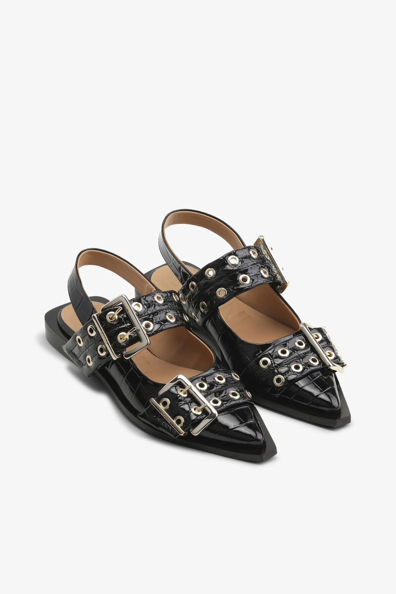 Feminine Ballerinas mit Schnalle in Schwarze Croco Patent, Recycled Leather, in colour Black - 2 - GANNI