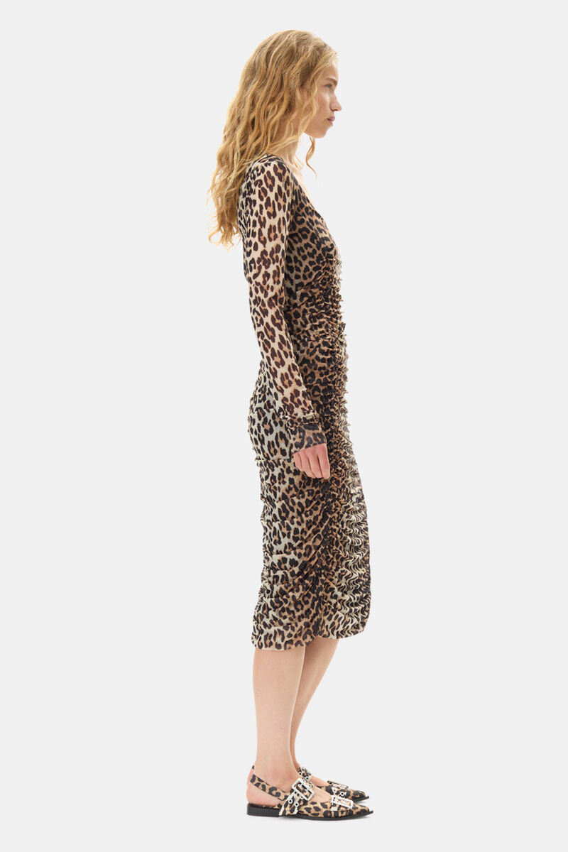 Leopard Mesh Printed Ruched Midi Dress, Elastane, in colour Leopard - 3 - GANNI