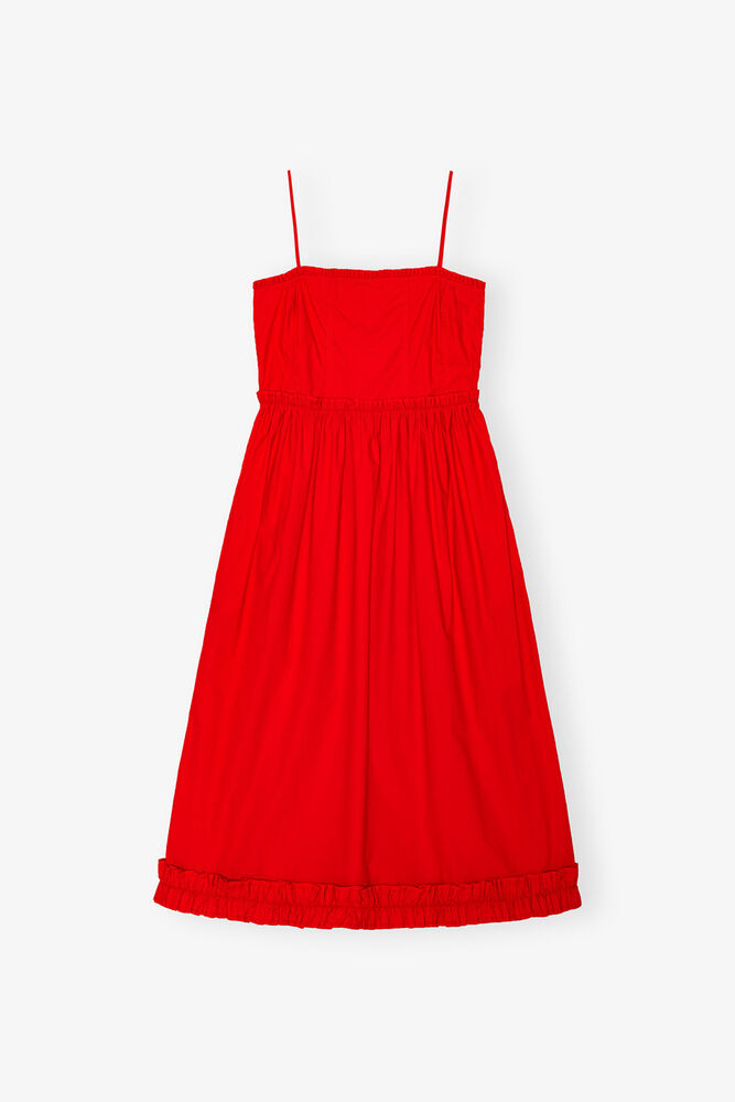 Red Cotton Poplin Strap Dress, Racing Red