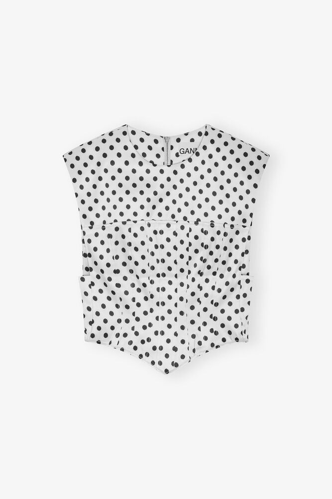 Polka-Dot Satin Corset Blouse, Egret
