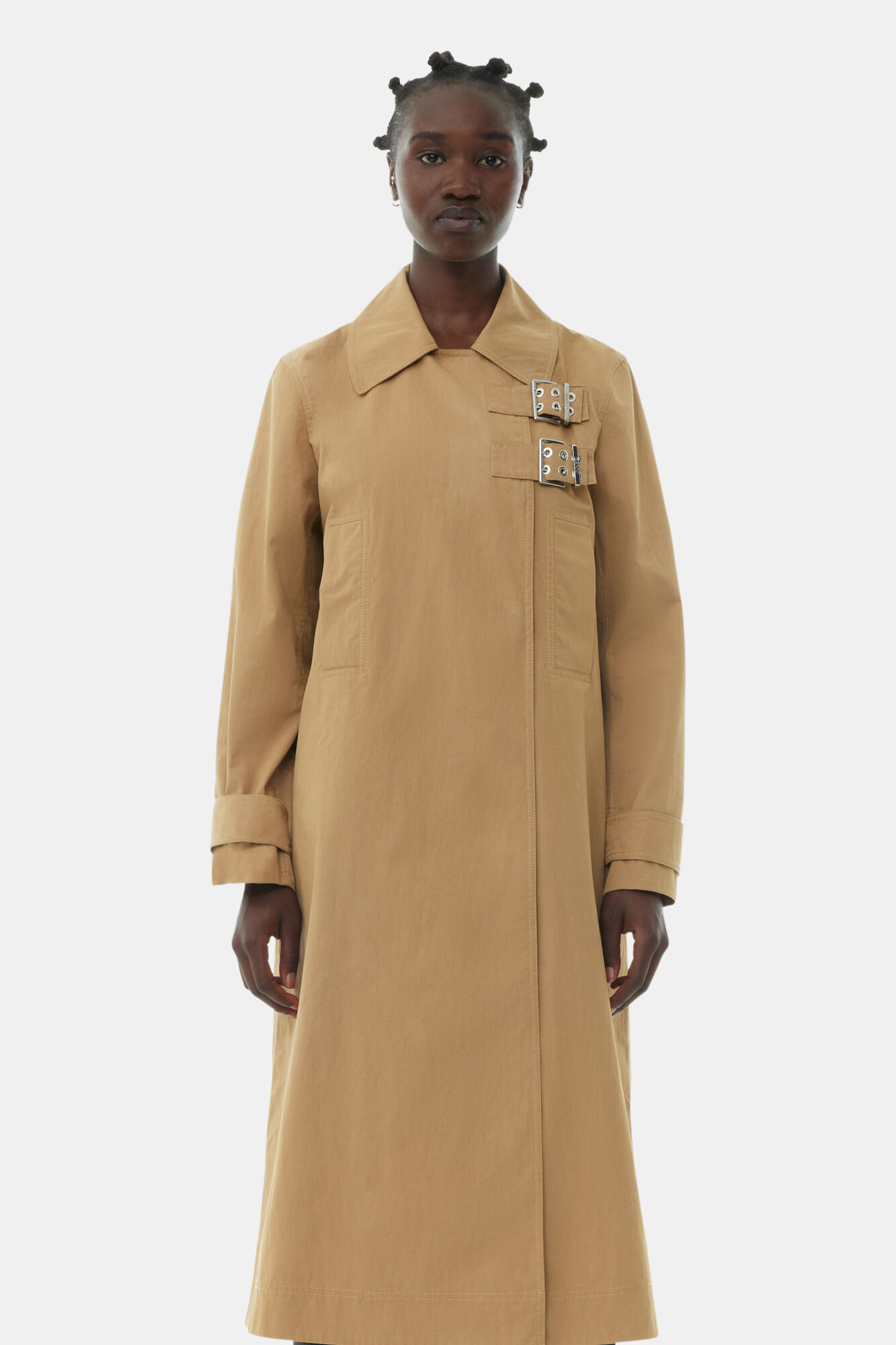 Beige Cotton Twill Buckle Coat, Nylon, in colour Tiger's Eye - 2 - GANNI