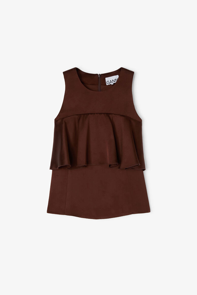 Brown Ruffle Top, Viscose, in colour Chicory Coffee - 1 - GANNI
