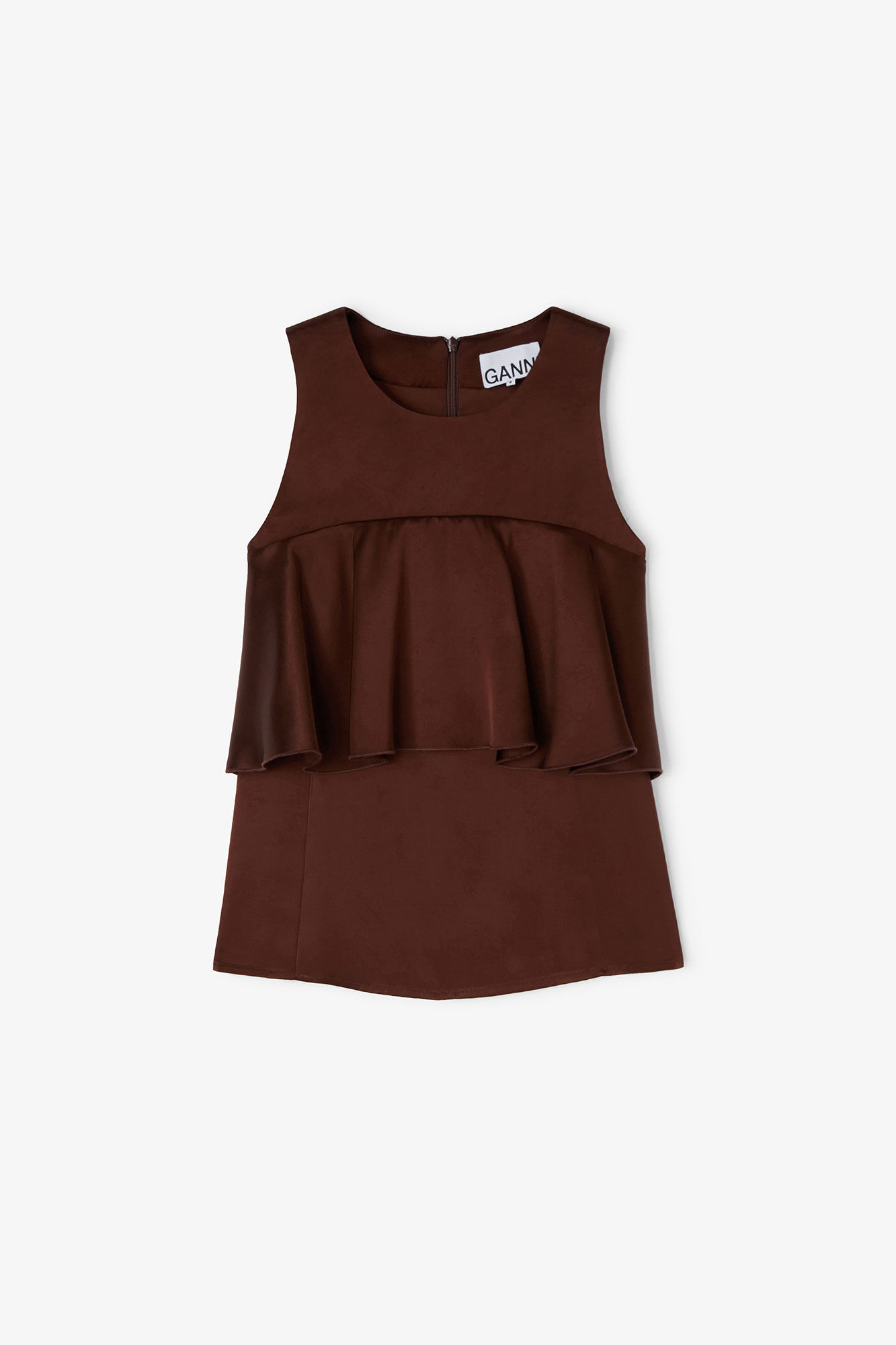 Brown Ruffle Top, Viscose, in colour Chicory Coffee - 1 - GANNI