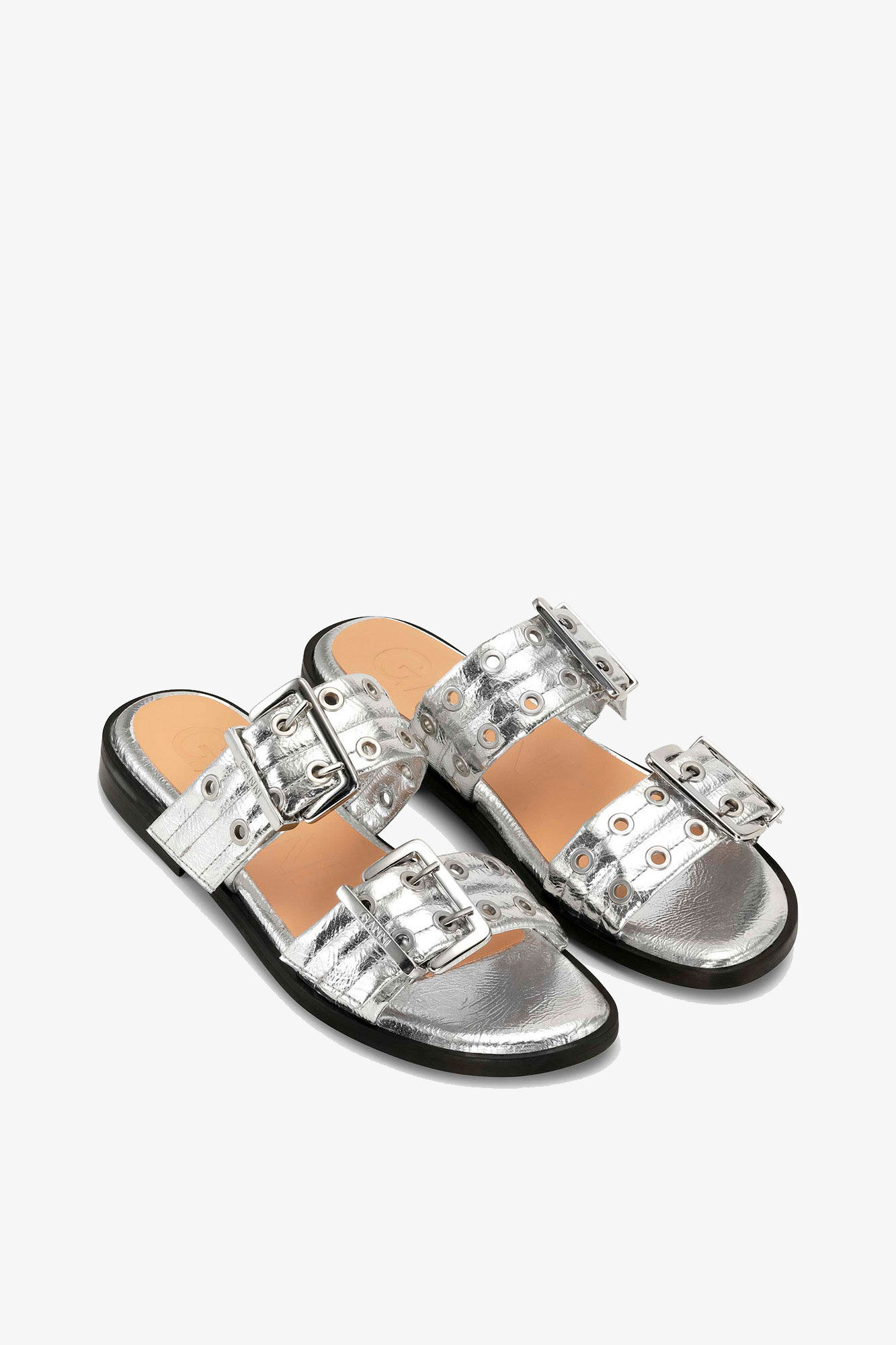 Silver Silver Metallic Feminine Buckle Two-Strap Sandals | GANNI US
