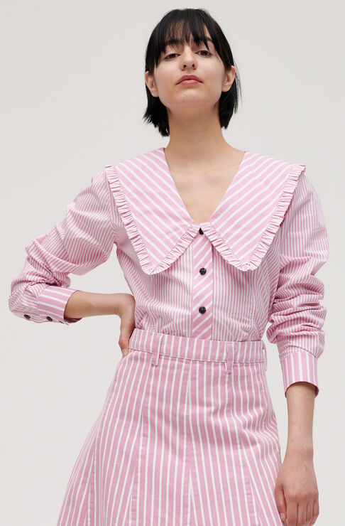Click to view more detailed imagery on our partner's website Ganni Stripe V-neck Frill Collar Wide Shirt - Atterley In Pink Multi