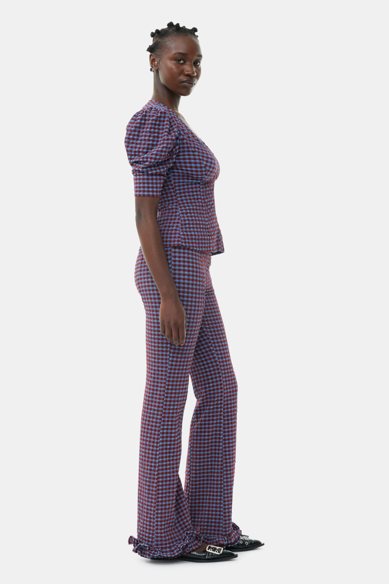Checkered Stretch Seersucker Frill Trousers, Elastane, in colour Racing Red - 3 - GANNI