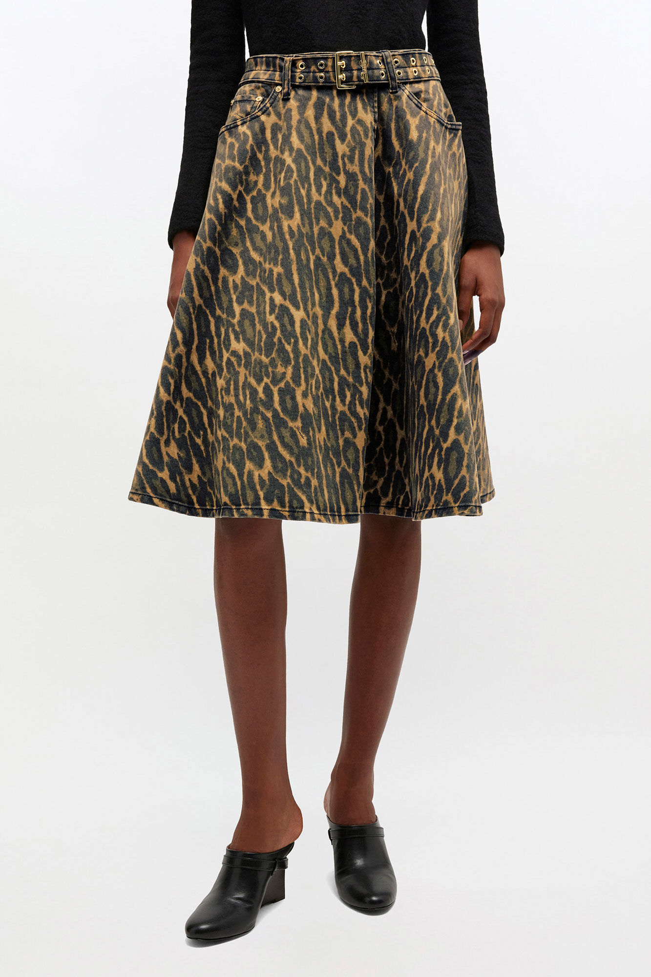 Leopard Denim Wrap Skirt, Organic Cotton, in colour Khaki - 2 - GANNI
