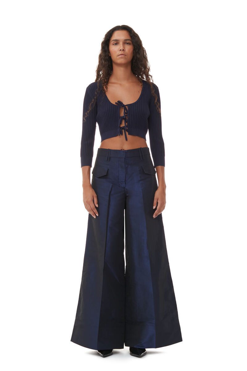 Blue Shiny Taffeta Wide High-waisted Trousers, Polyester, in colour Sodalite Blue - 1 - GANNI