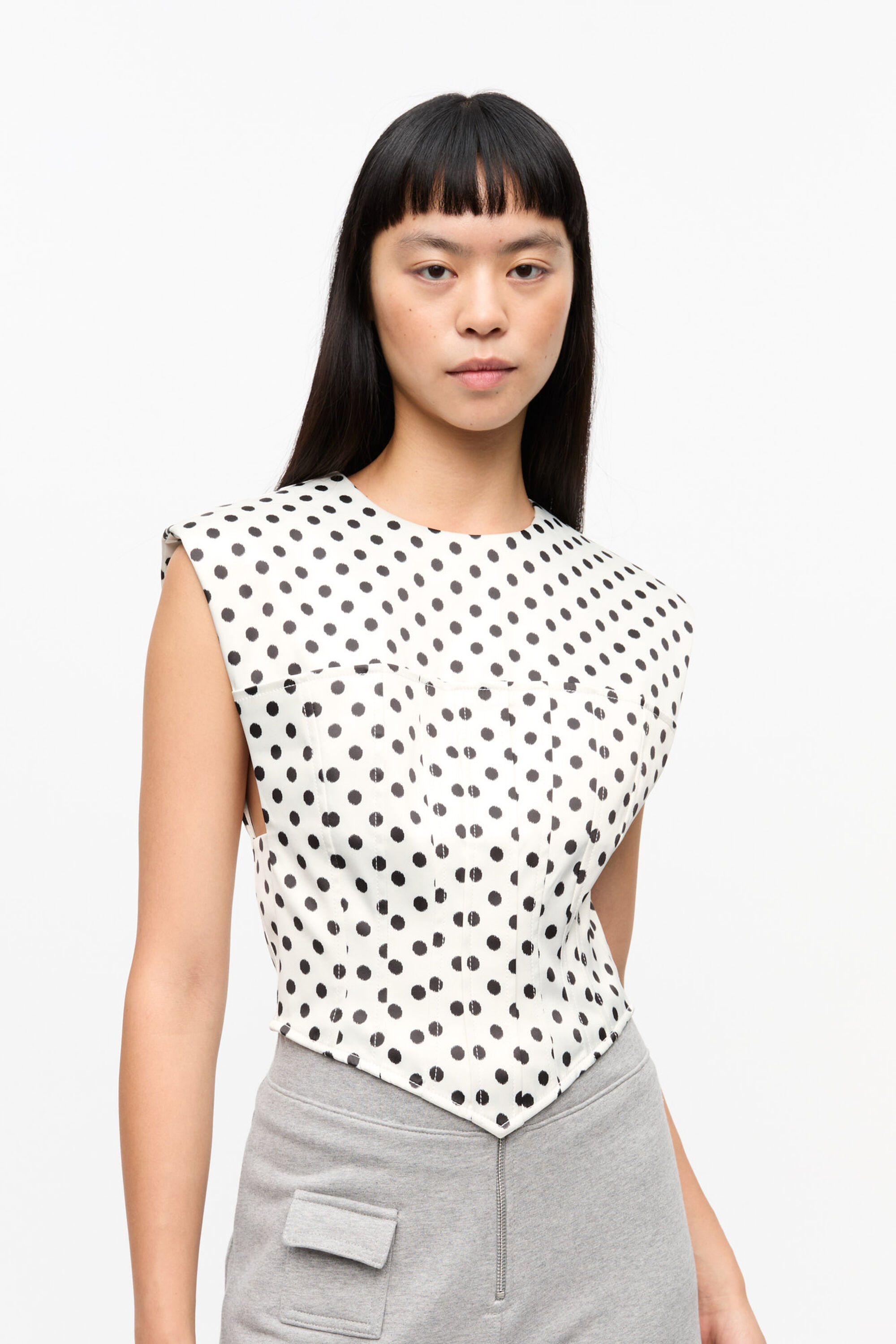 Egret Polka-Dot Satin Corset Blouse | GANNI