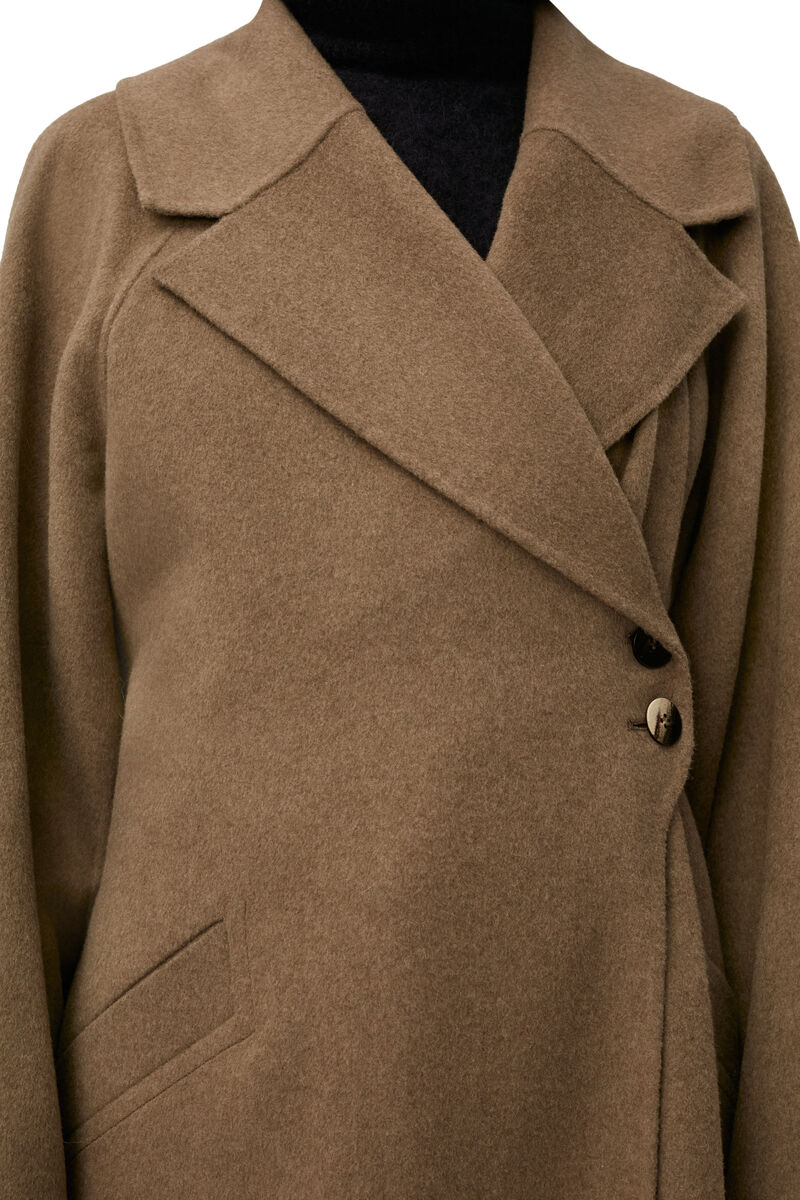 Long Wool Coat , Polyester, in colour Petrified Oak - 3 - GANNI
