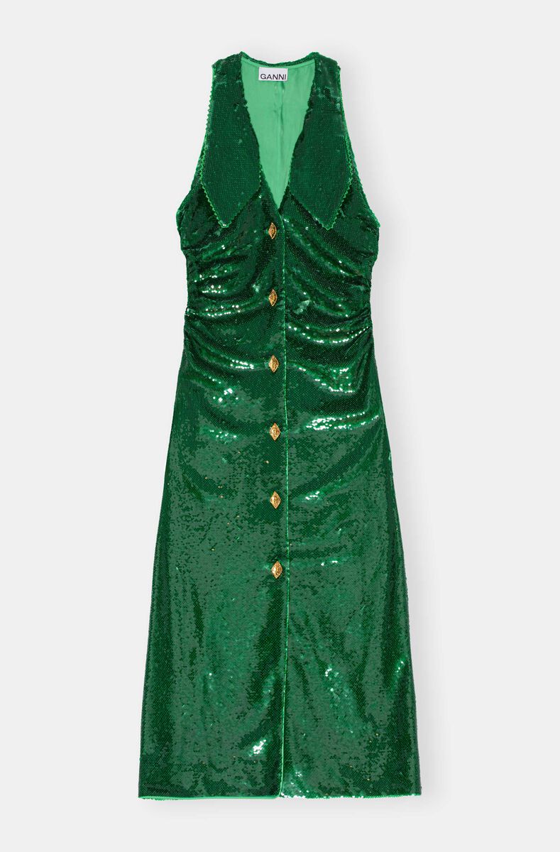 Sequinned Sleeveless Maxi Dress, Recycled Polyester, in colour Kelly Green - 1 - GANNI