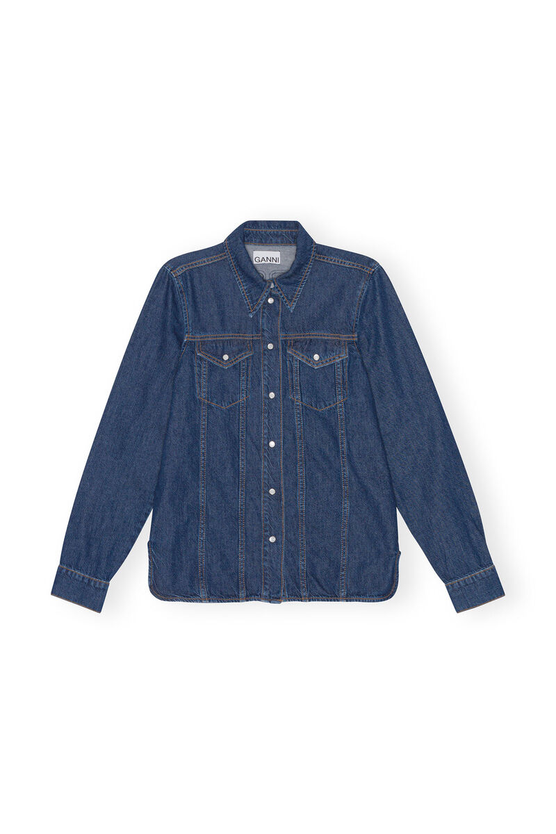 Re-Cut Denim Shirt, Lyocell, in colour Mid Blue Stone - 1 - GANNI