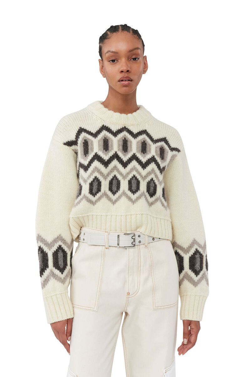 White Chunky Wool Cropped O-neck Sweater, Organic Wool, in colour Egret - 1 - GANNI