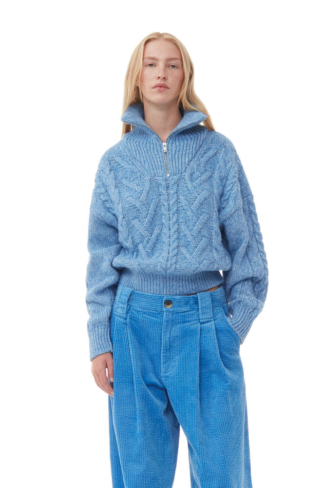 Blue Chunky Cable Zipper Blouse, Silver Lake Blue