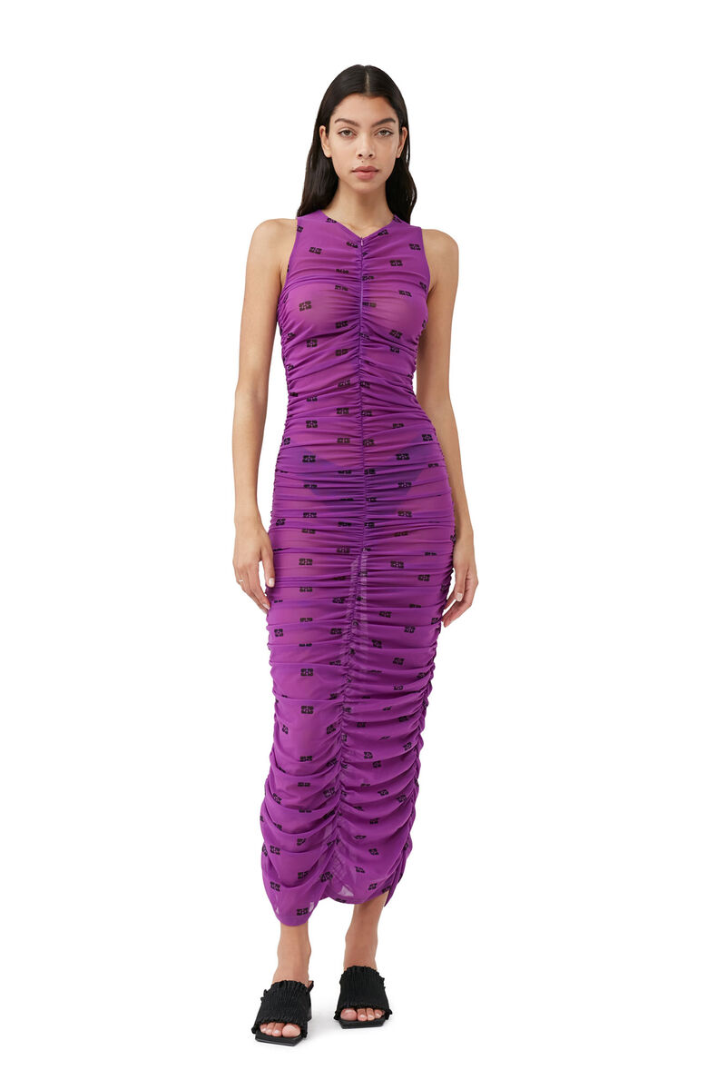 Printed Mesh Ruched Sleeveless Long Dress, Elastane, in colour Sparkling Grape - 1 - GANNI