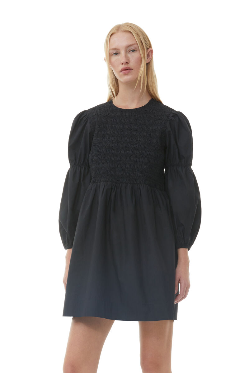 Robe courte smockée en popeline de coton noire, Cotton, in colour Black - 2 - GANNI