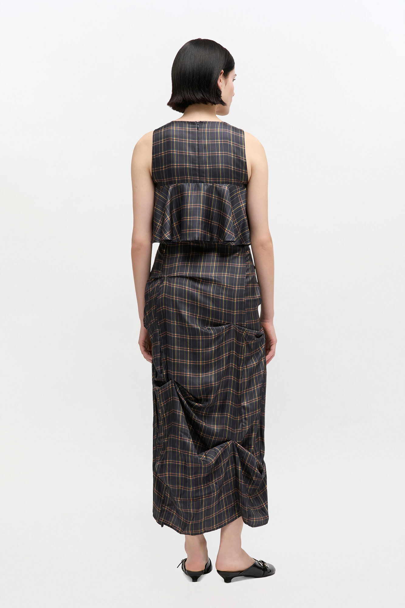 Check Ruffle Dress, Silk, in colour Charcole Art - 2 - GANNI