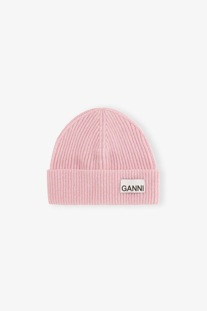 Light Pink Fitted Rib Knit Wool Beanie, Mauve Chalk