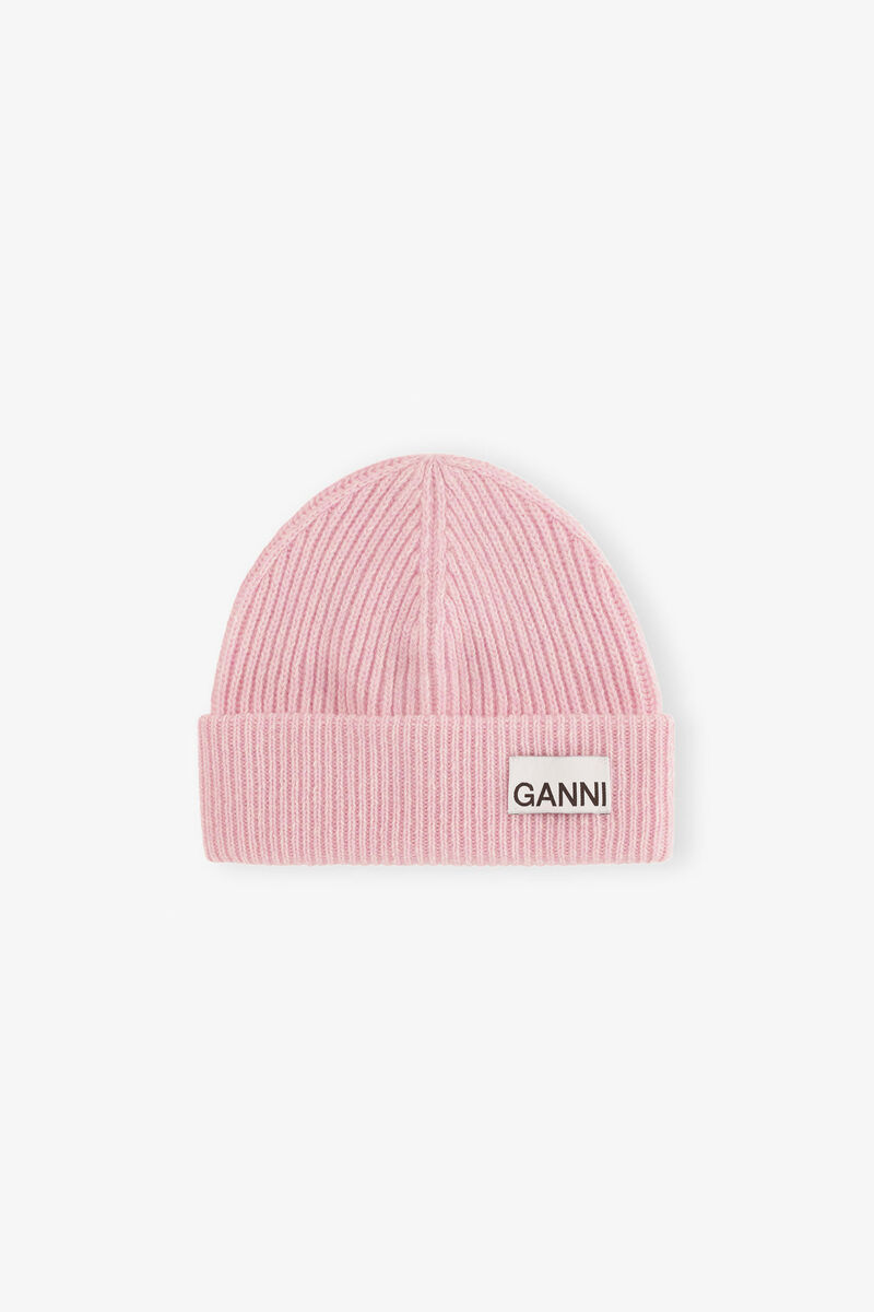 Light Pink Fitted Rib Knit Wool Beanie, Wool, in colour Mauve Chalk - 1 - GANNI