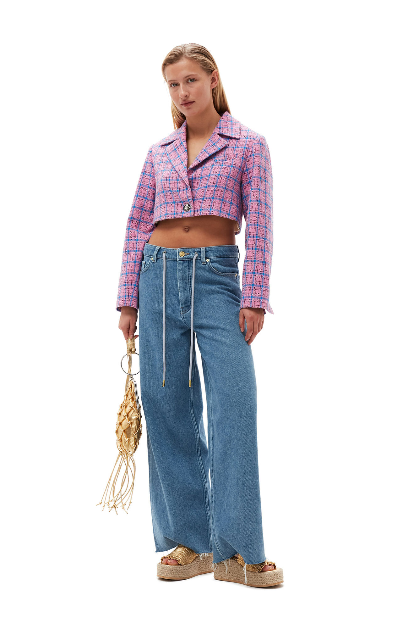 Heavy Denim Wide Drawstring Jeans, Cotton, in colour Light Blue Stone - 4 - GANNI