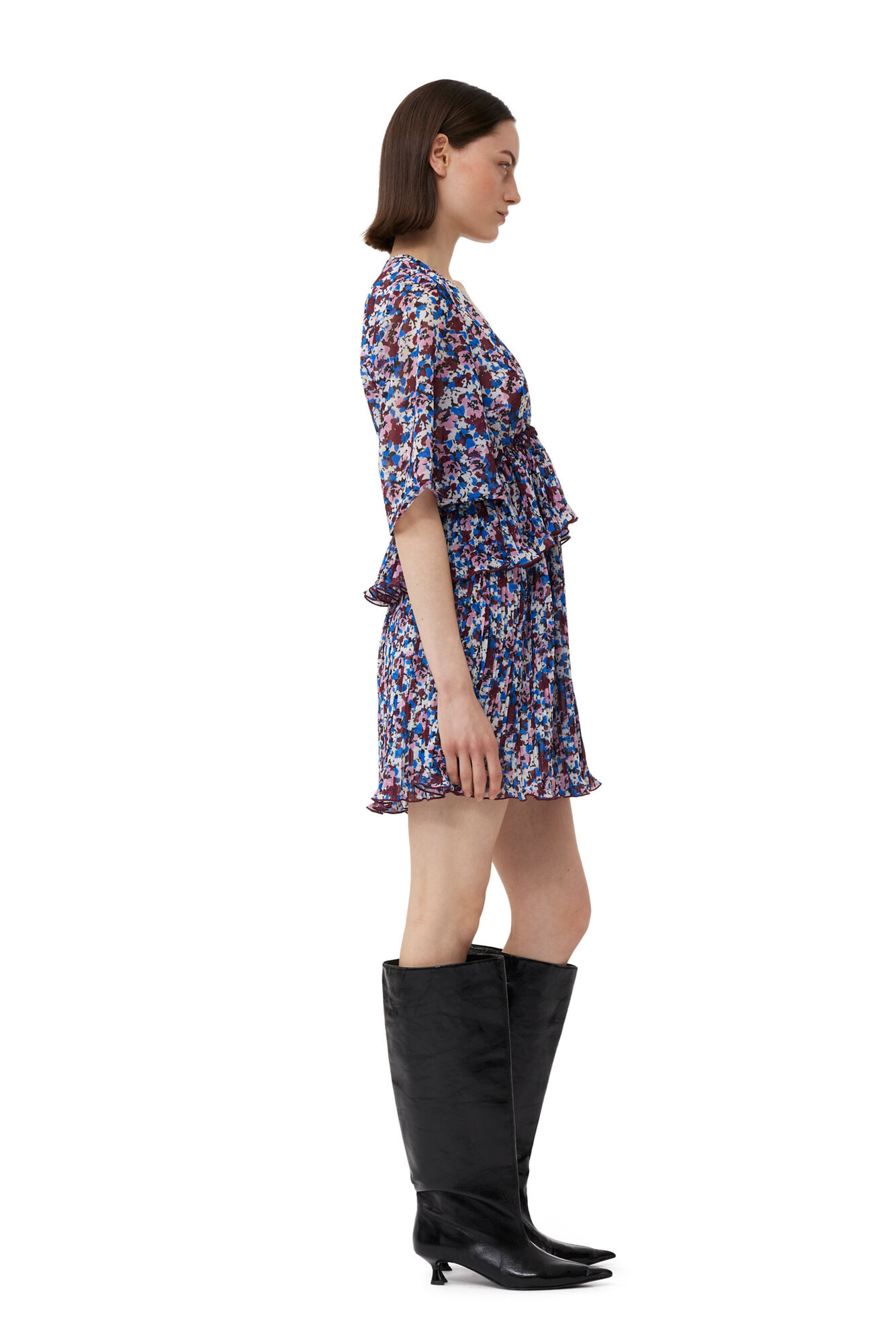 Multicolour Pleated Georgette V-neck Flounce Mini Dress, Recycled Polyester, in colour Multicolour - 3 - GANNI