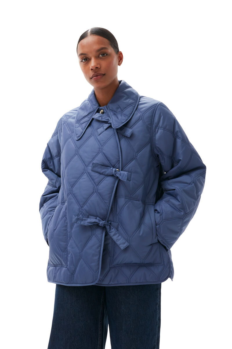 Ripstop Quilt Asymmetric Jacket, in colour Gray Blue - 3 - GANNI