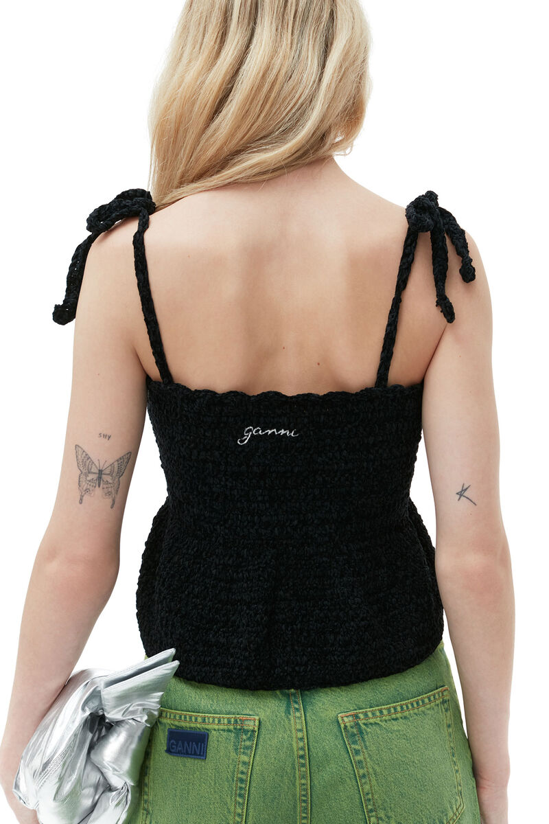 Velvet Crochet Bandeau Strap Top, Polyester, in colour Black - 4 - GANNI