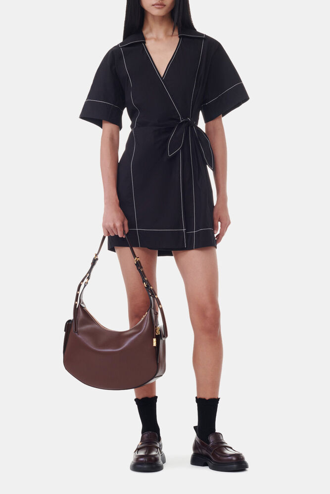 Black Cotton Poplin Wrap Mini Dress, Black
