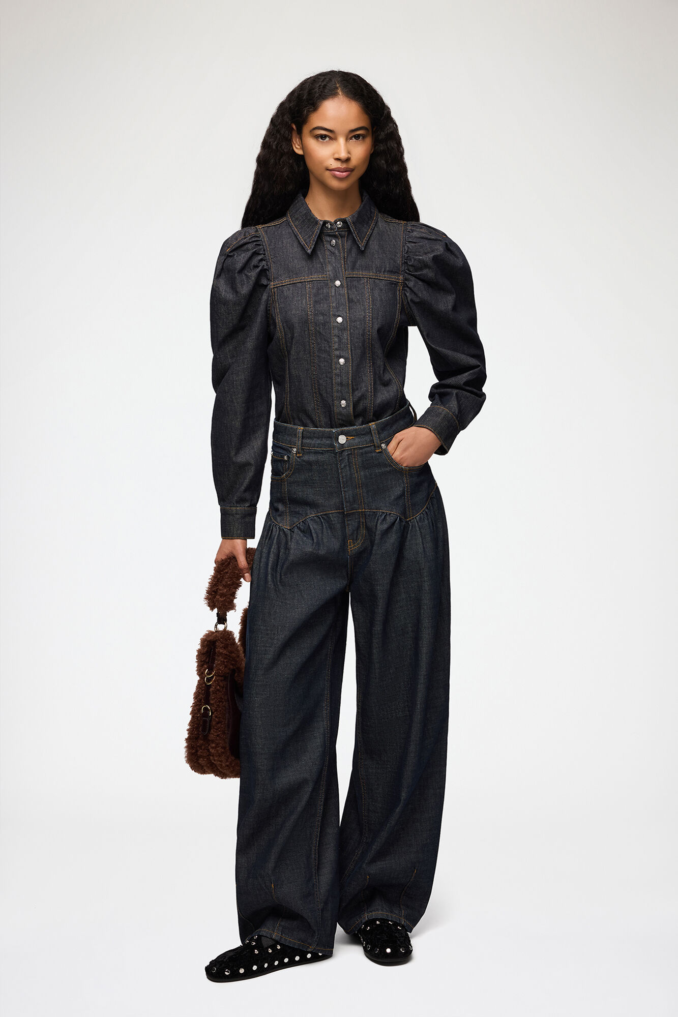Ganni Women's Navy Corset Jeans In Textured Slub Denim Large - Image 1