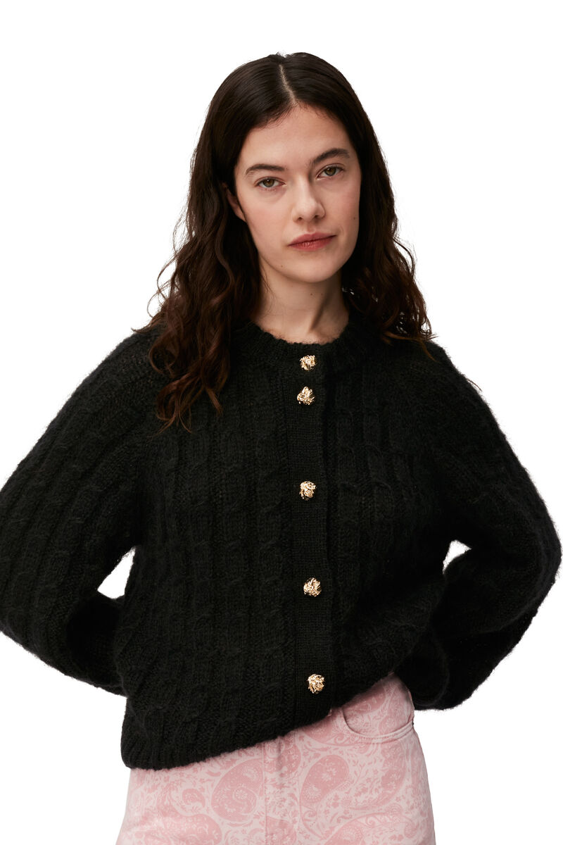 Cable Cardigan, Merino Wool, in colour Black - 6 - GANNI