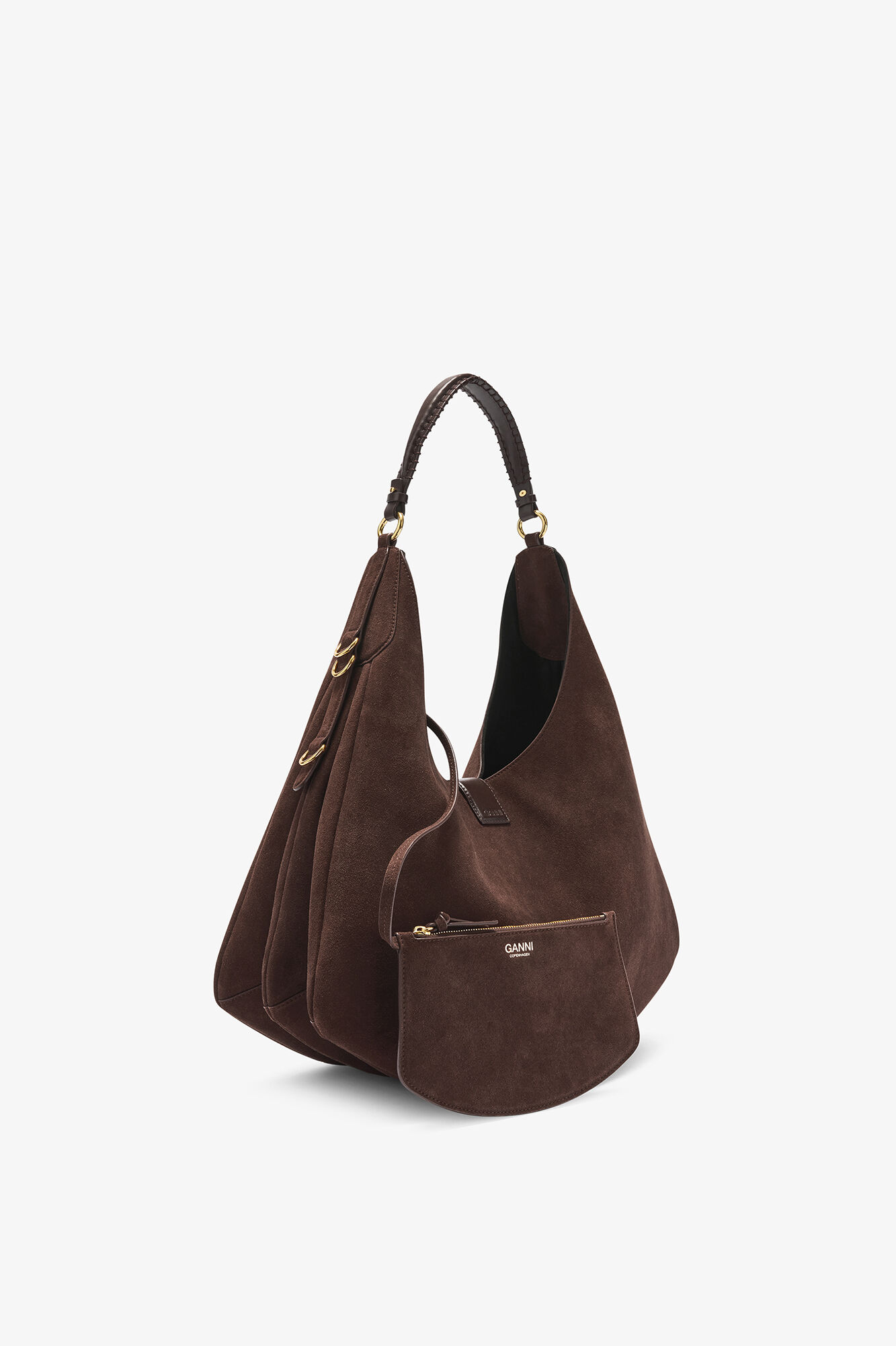 Brown Large Kat Bag in Suede, Recycled Leather, in colour Chicory Coffee - 2 - GANNI