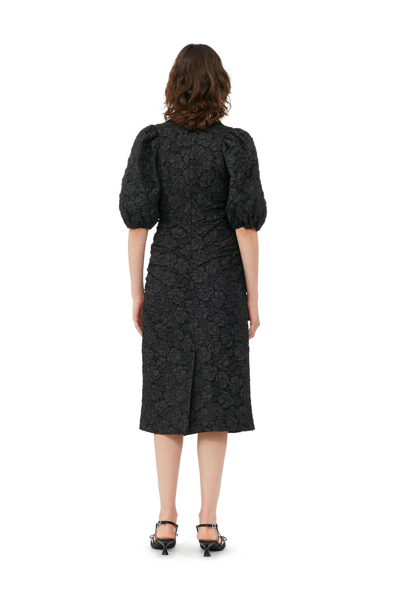Black Jacquard Puff Sleeves Midi Dress, Polyester, in colour Black - 3 - GANNI