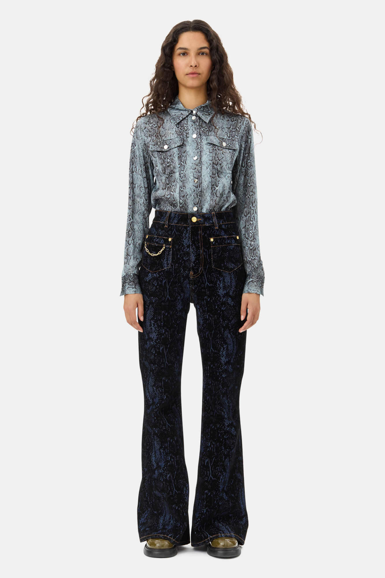 Blue Snake Printed Shirt, Spandex, in colour Celestial Blue - 2 - GANNI