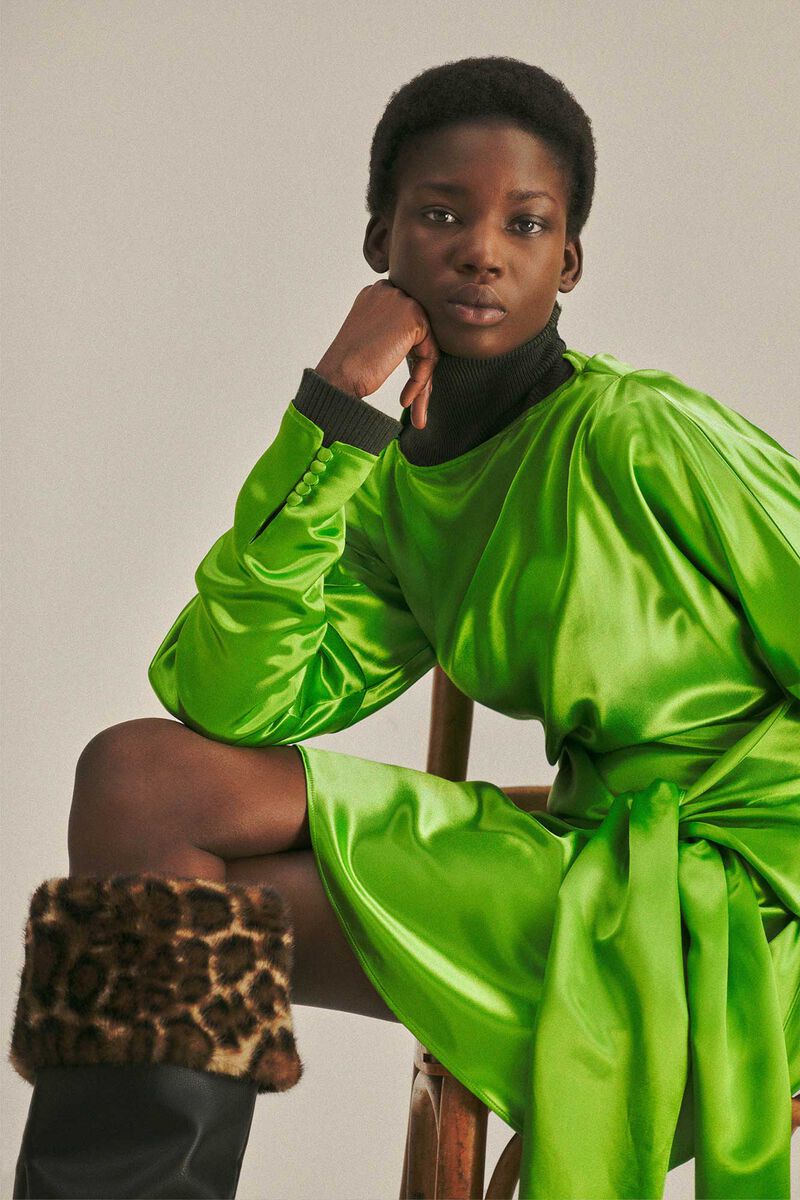 Dress in Green Satin, Viscose, in colour Spindle Tree - 1 - GANNI