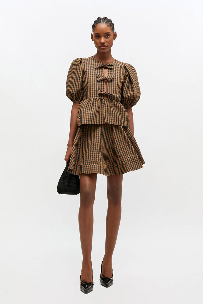 Crinkled Check Mini Circle Skirt, Tobacco Brown