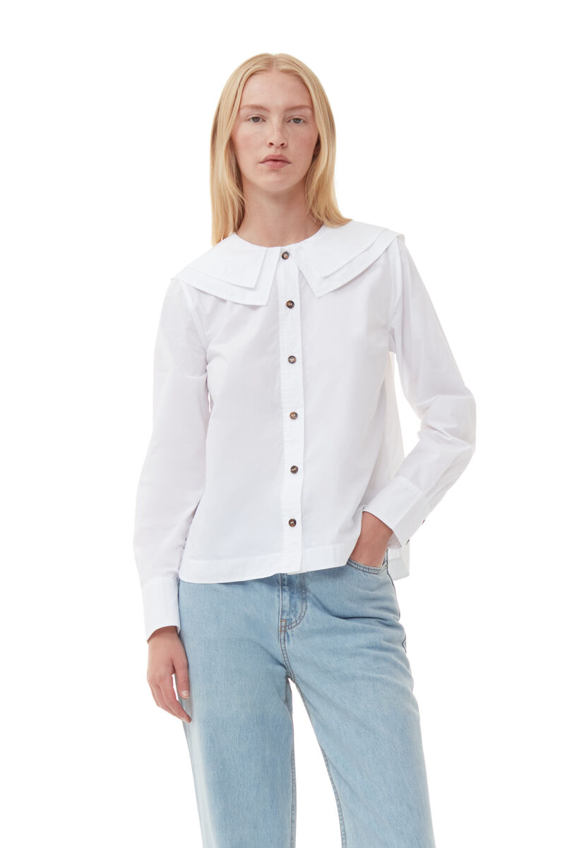 Bright White White Cotton Poplin Double-Collar Shirt | GANNI US