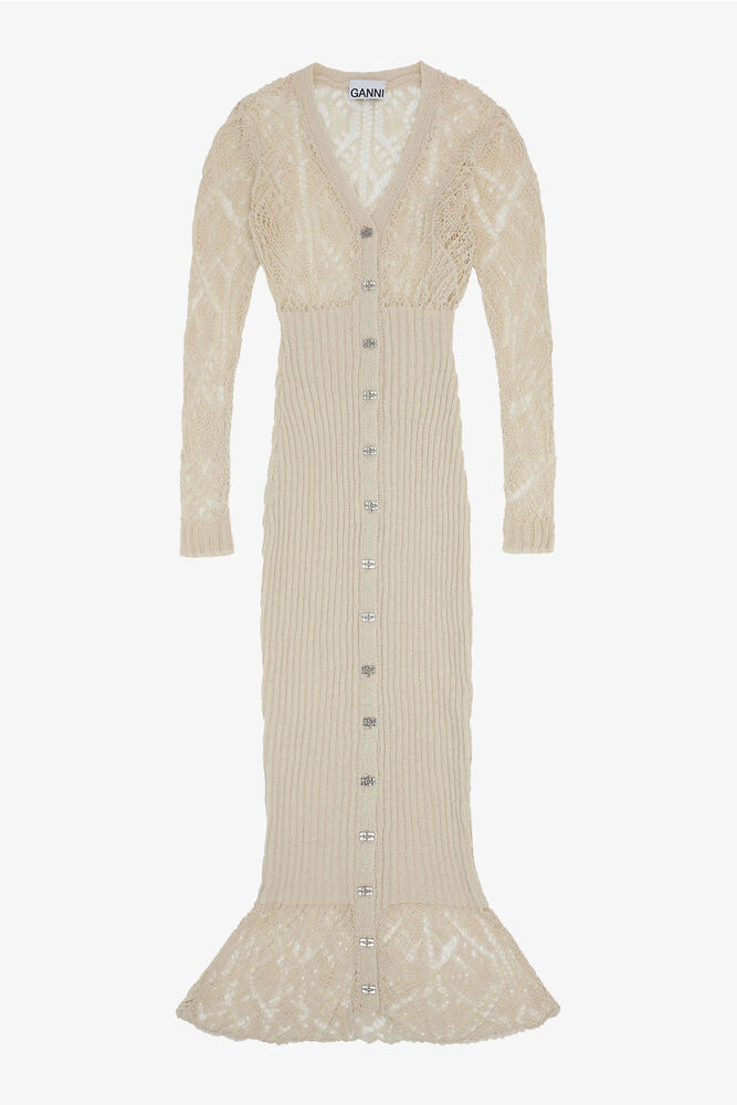 Beige Cotton Lace Button Down Maxi Dress, Egret