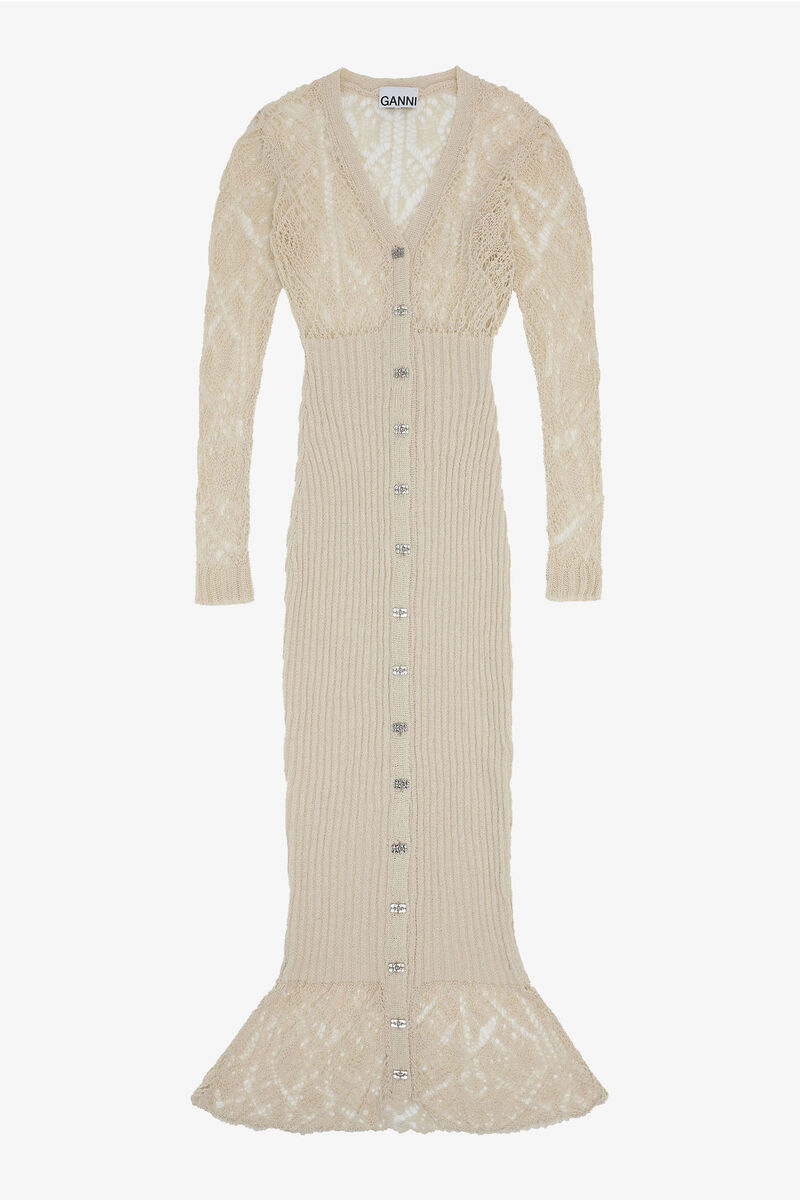 Beige Cotton Lace Button Down Maxi Dress, Cotton, in colour Egret - 1 - GANNI