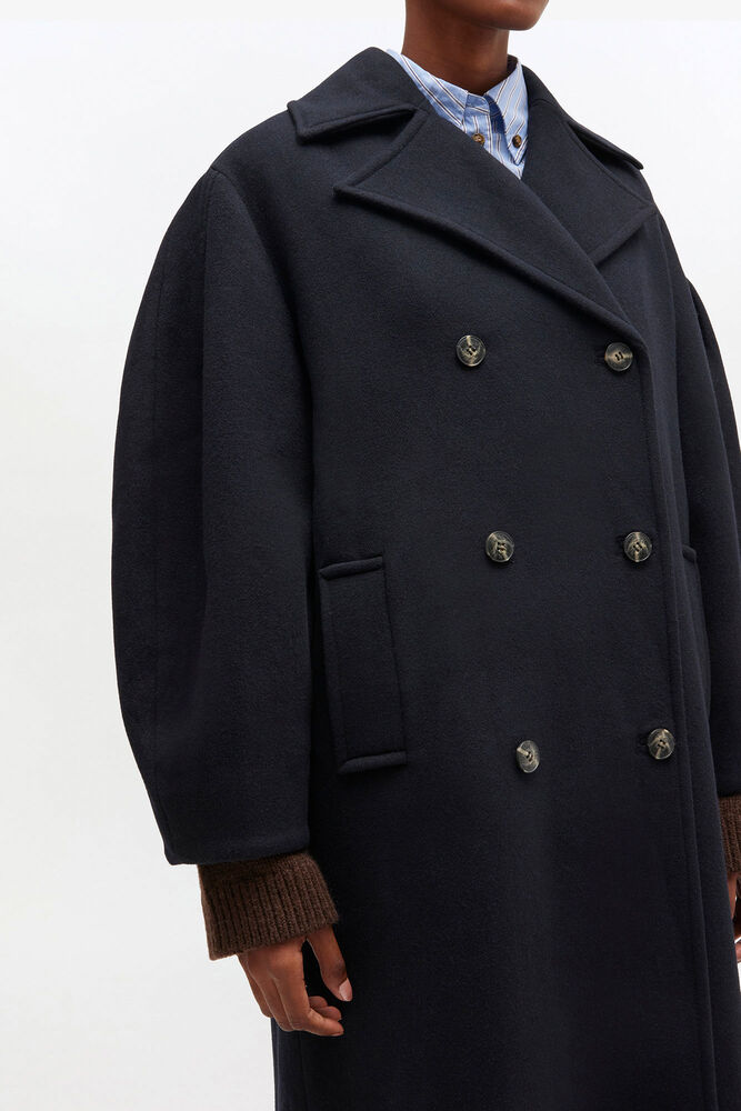 Dark Blue Wool Oversized Long Peacoat, Sky Captain