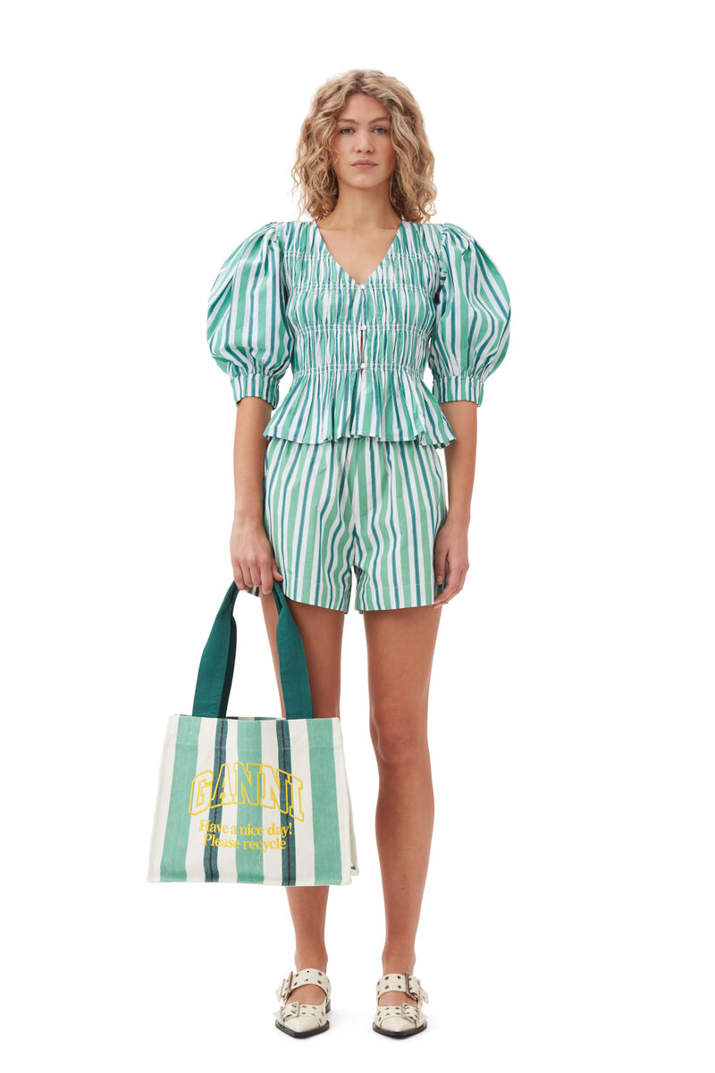Green Striped Cotton Elasticated Shorts, Cotton, in colour Creme de Menthe - 1 - GANNI