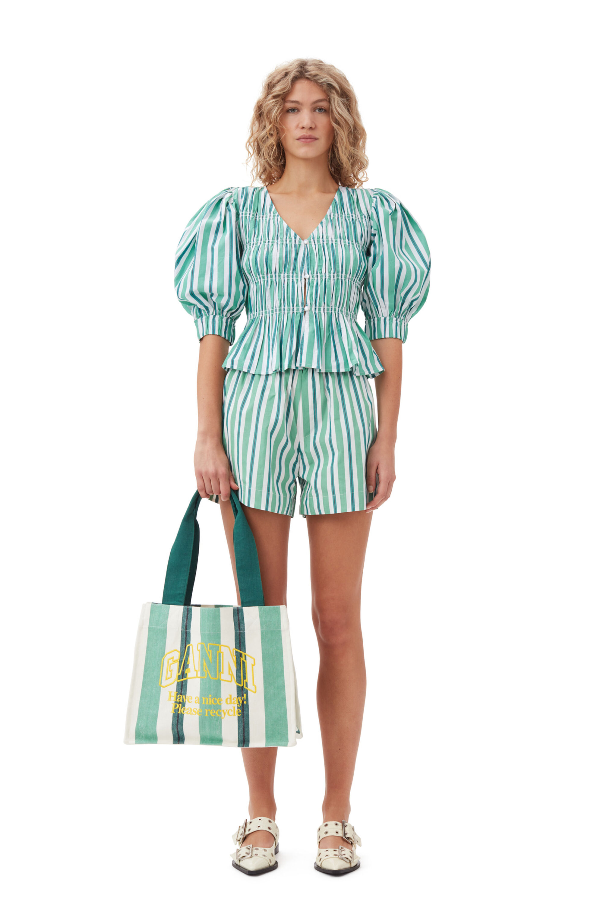 Creme de Menthe Green Striped Cotton Elasticated Shorts | GANNI 