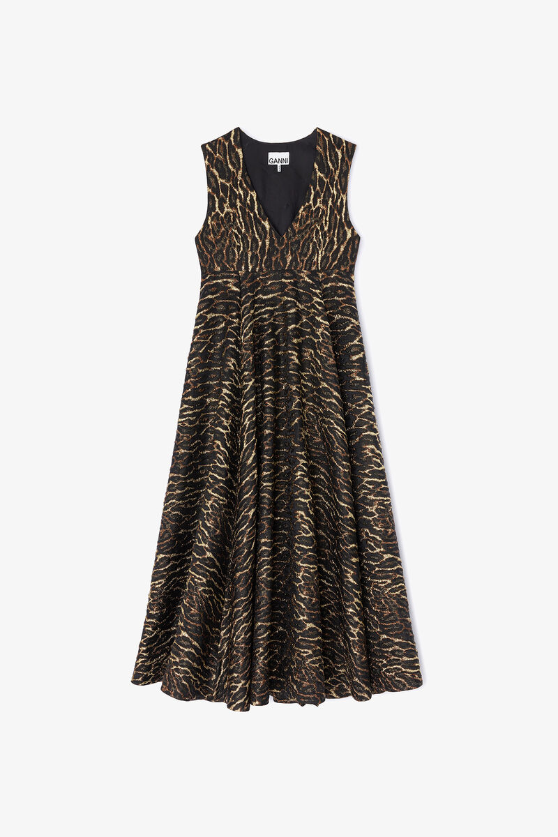 Metallic Cloque Long Dress, Recycled Polyester, in colour Antique Bronze - 1 - GANNI