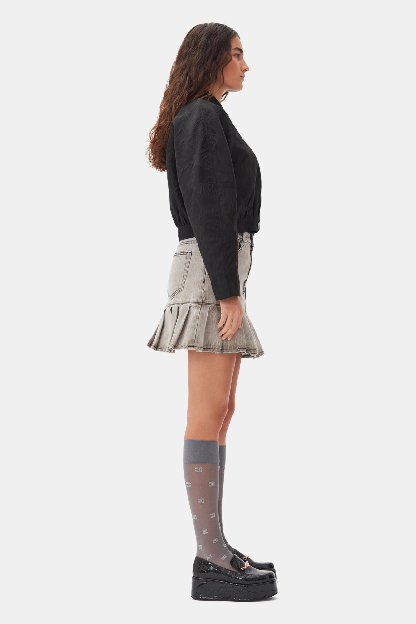 Black Textured Cloque Short Jacket, Nylon, in colour Black - 3 - GANNI