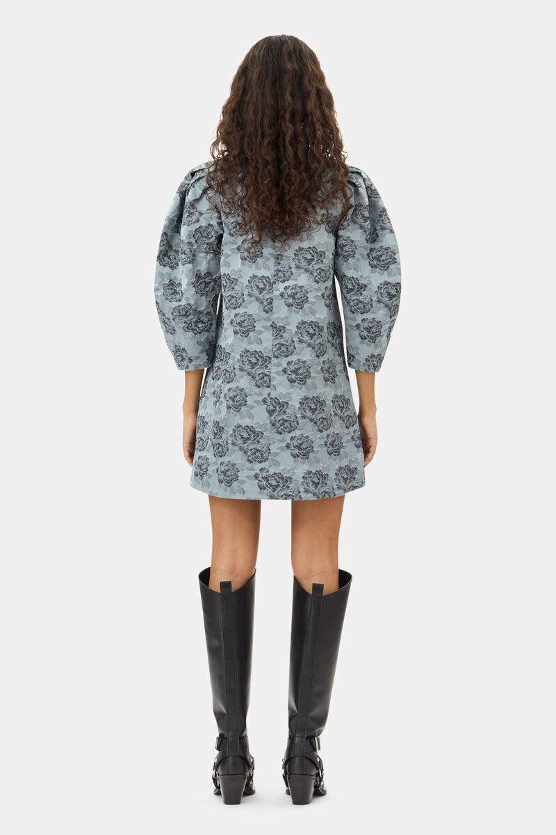 Blue Floral Jacquard A-Line Mini Dress, Polyamide, in colour Illusion Blue - 4 - GANNI