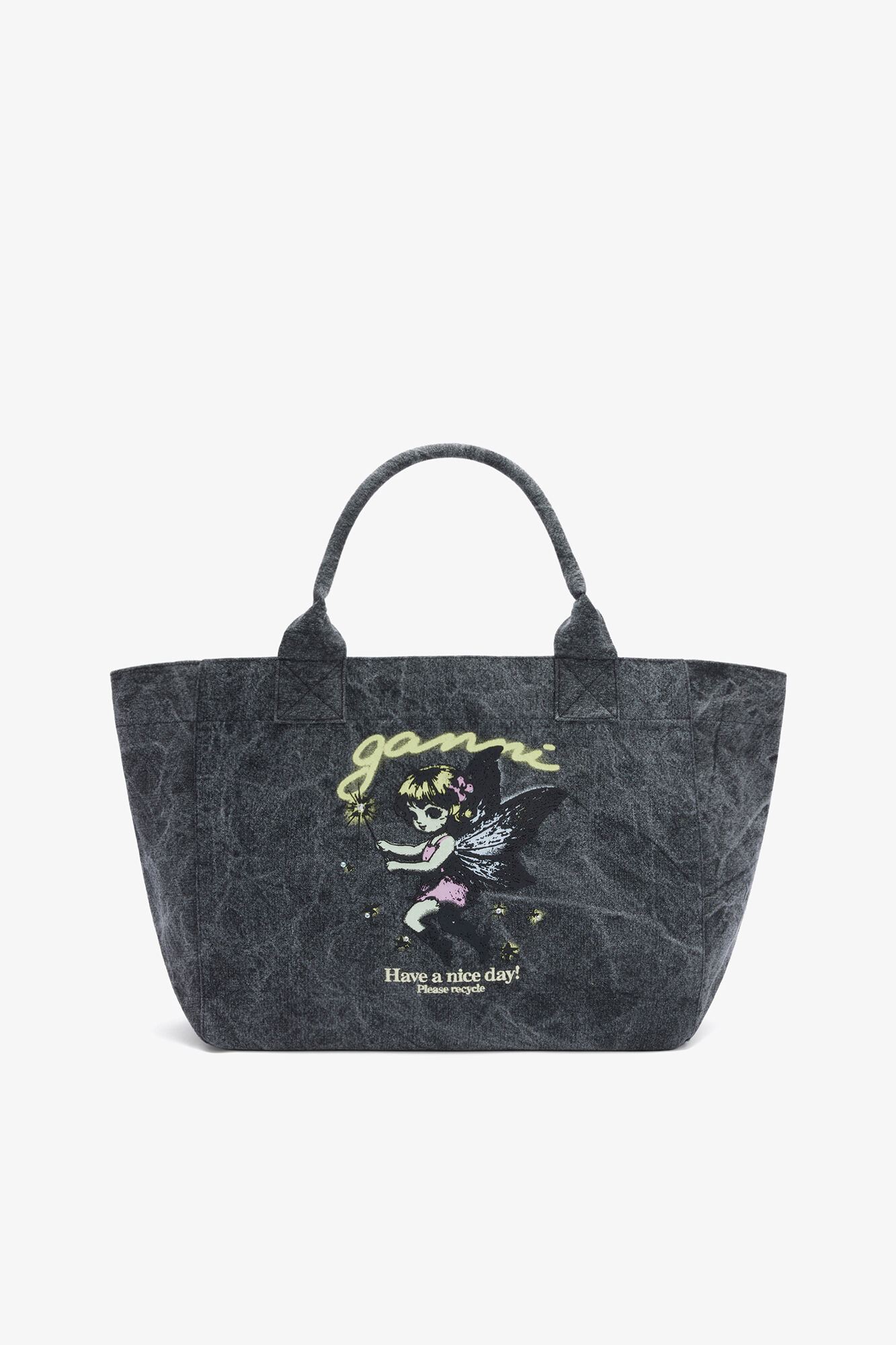 Mellemstor tote-taske i sort, Recycled Cotton, in colour Black Oyster - 1 - GANNI