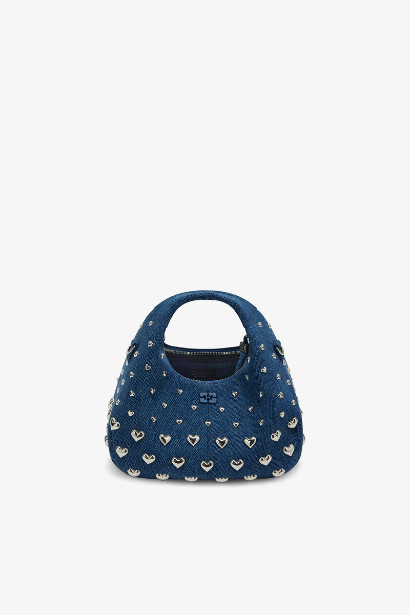 Denim Stud Mini Hobo Bag, Recycled Cotton, in colour Navy Peony - 3 - GANNI