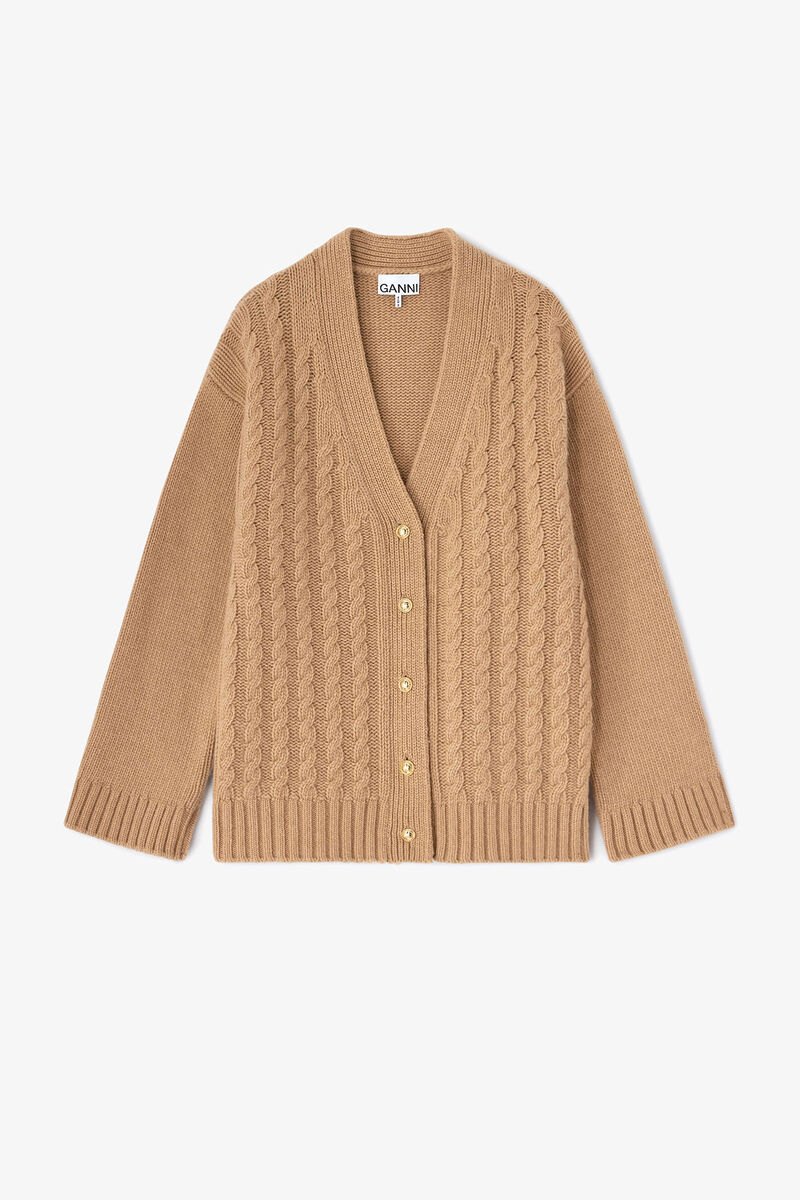 Cardigan in Cable Wool, Wool, in colour Incense - 1 - GANNI